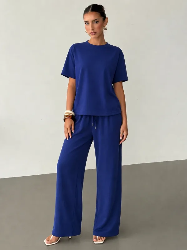 Kadın Lacivert Oversize Soft Modal Kumaş Kısa Kollu Bluz Pantolon Takım