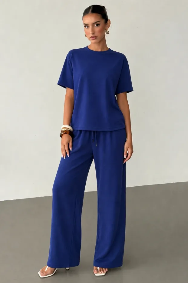 Kadın Lacivert Oversize Soft Modal Kumaş Kısa Kollu Bluz Pantolon Takım 1