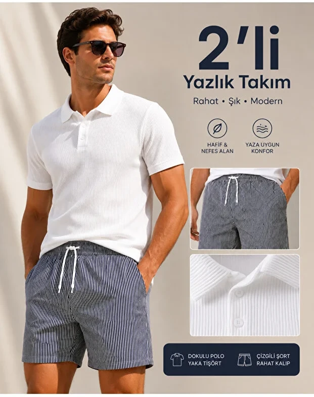 Erkek 2'li Yazlık Takım Dokulu Polo Yaka Tişört ve Çizgili Rahat Şort
