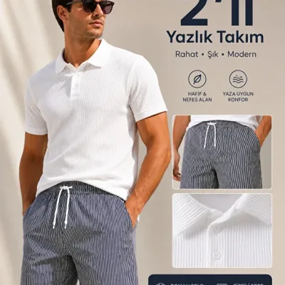 Erkek 2'li Yazlık Takım Dokulu Polo Yaka Tişört ve Çizgili Rahat Şort 1