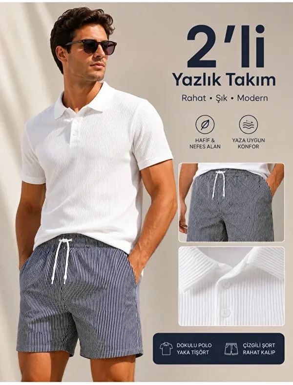 Erkek 2'li Yazlık Takım Dokulu Polo Yaka Tişört ve Çizgili Rahat Şort