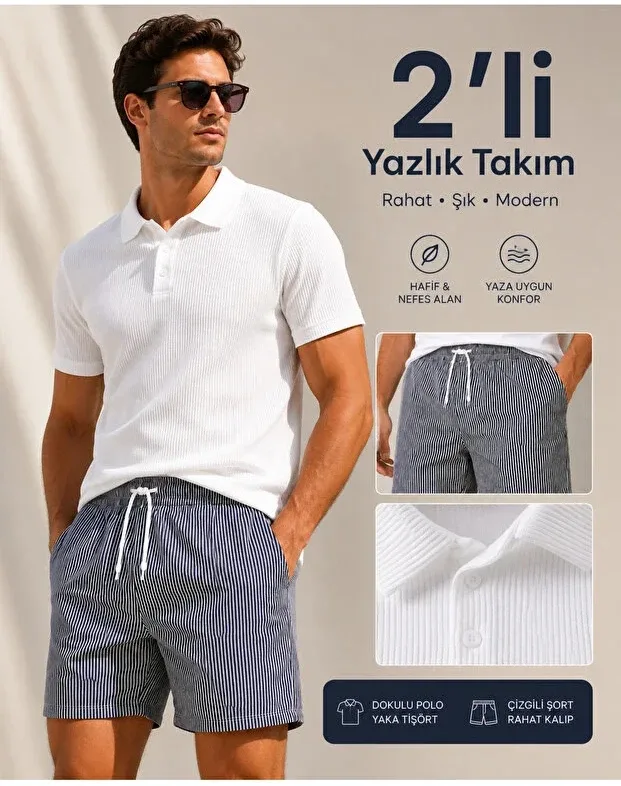Erkek 2'li Yazlık Takım Dokulu Polo Yaka Tişört ve Çizgili Rahat Şort 1