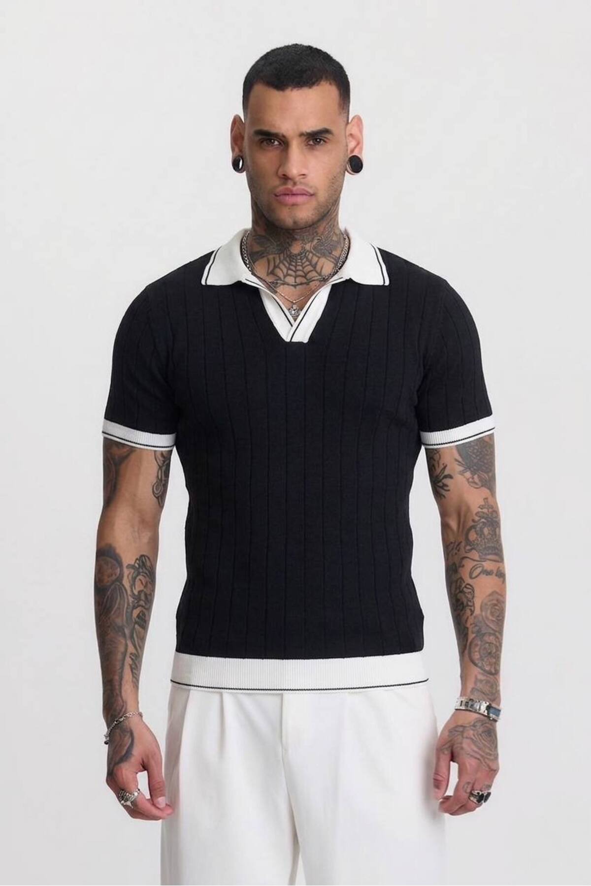 Black Men's Toscana Knit Short Sleeve Polo Neck T-Shirt 3