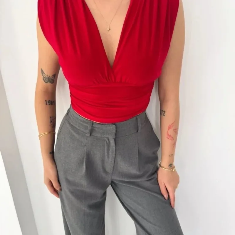 Femeie Roșu Decolteu V Cu Umeri Fără Mâneci Drapat Lycra Crop Bluză