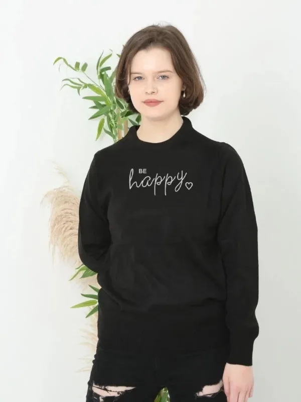 Women Black Oversize Crew Neck Printed Woven Knit Sweater 1