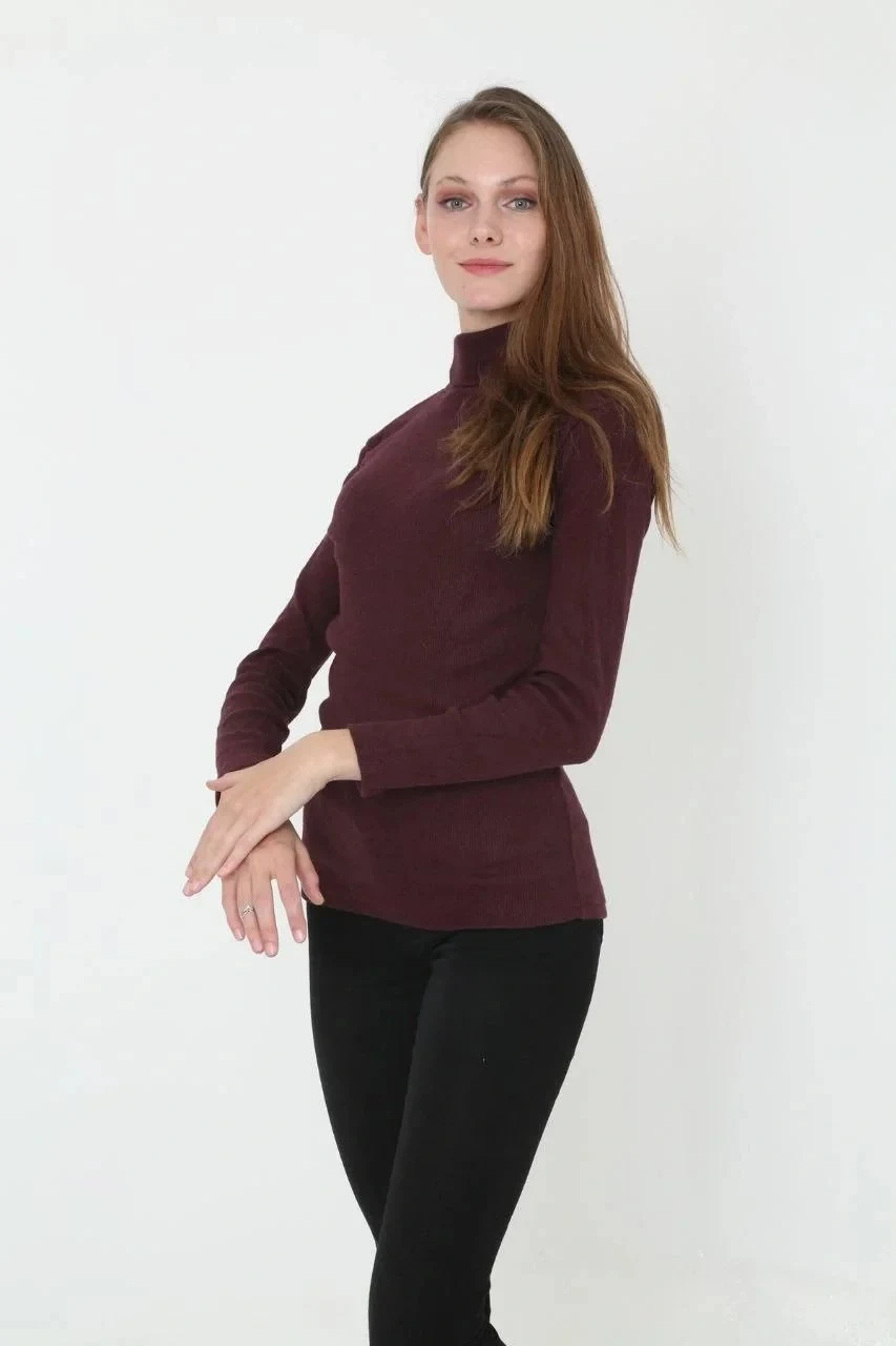 Ženska bordo dolga vrata rebrasta likra korzet džemper