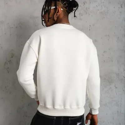 Men's White 3-Thread Cotton Crew Neck Sweatshirt 2