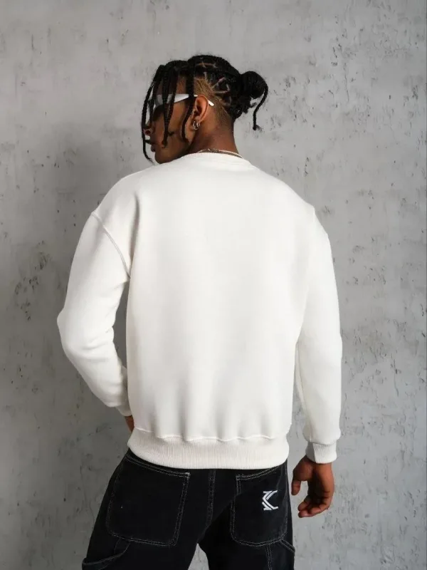 Men's White 3-Thread Cotton Crew Neck Sweatshirt 2