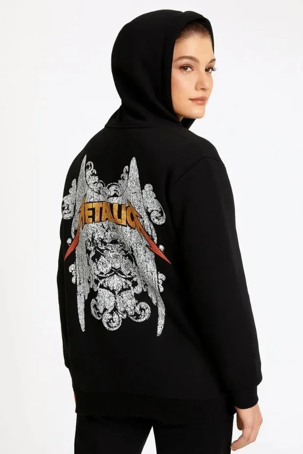 Erkek Siyah Oversize Kapüşonlu Ön Arka Baskılı Sweatshirt 3