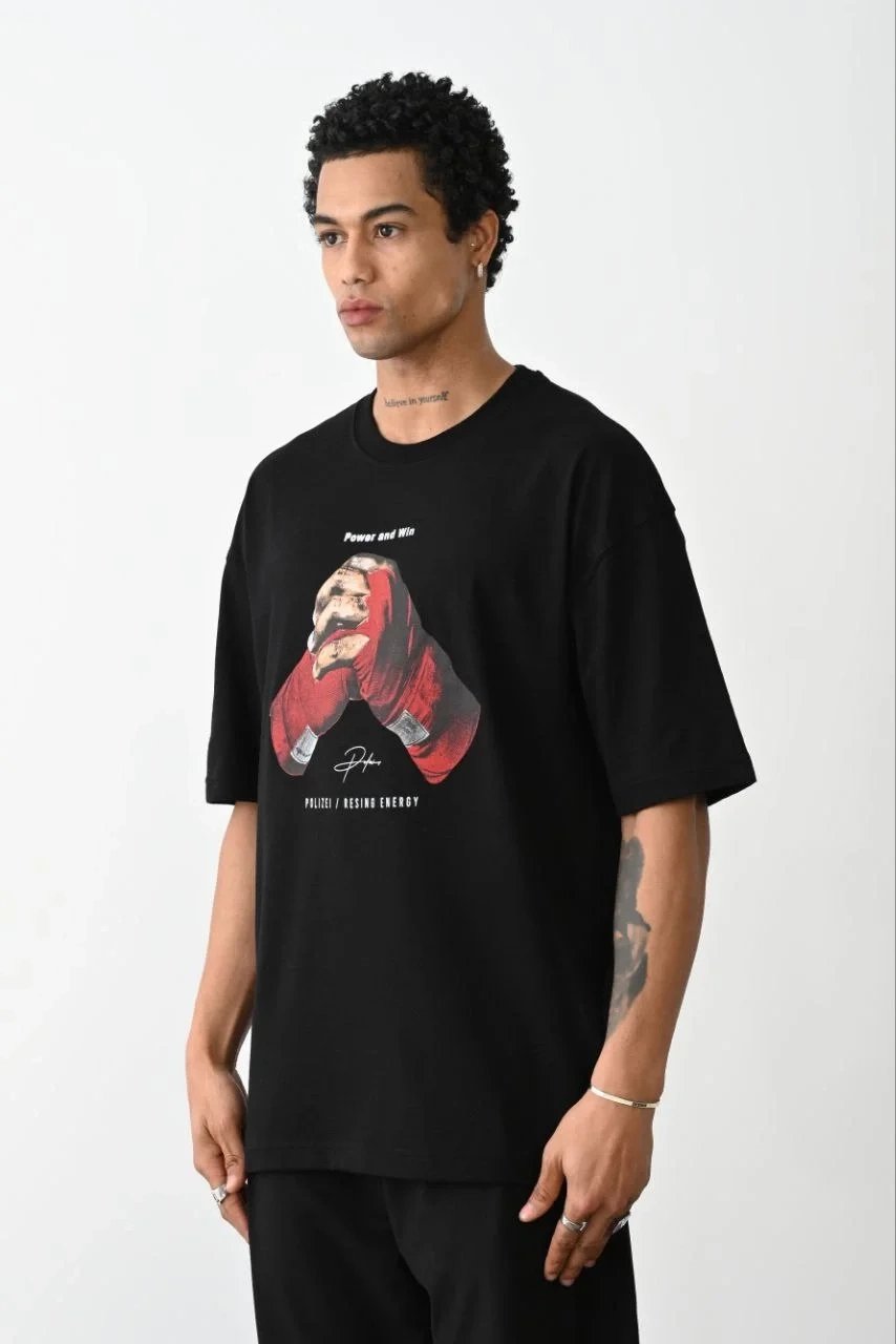 Ανδρικό Μαύρο Boxy Eldiven Τυπωμένο Ποδηλατόλαιμο T-shirt 1