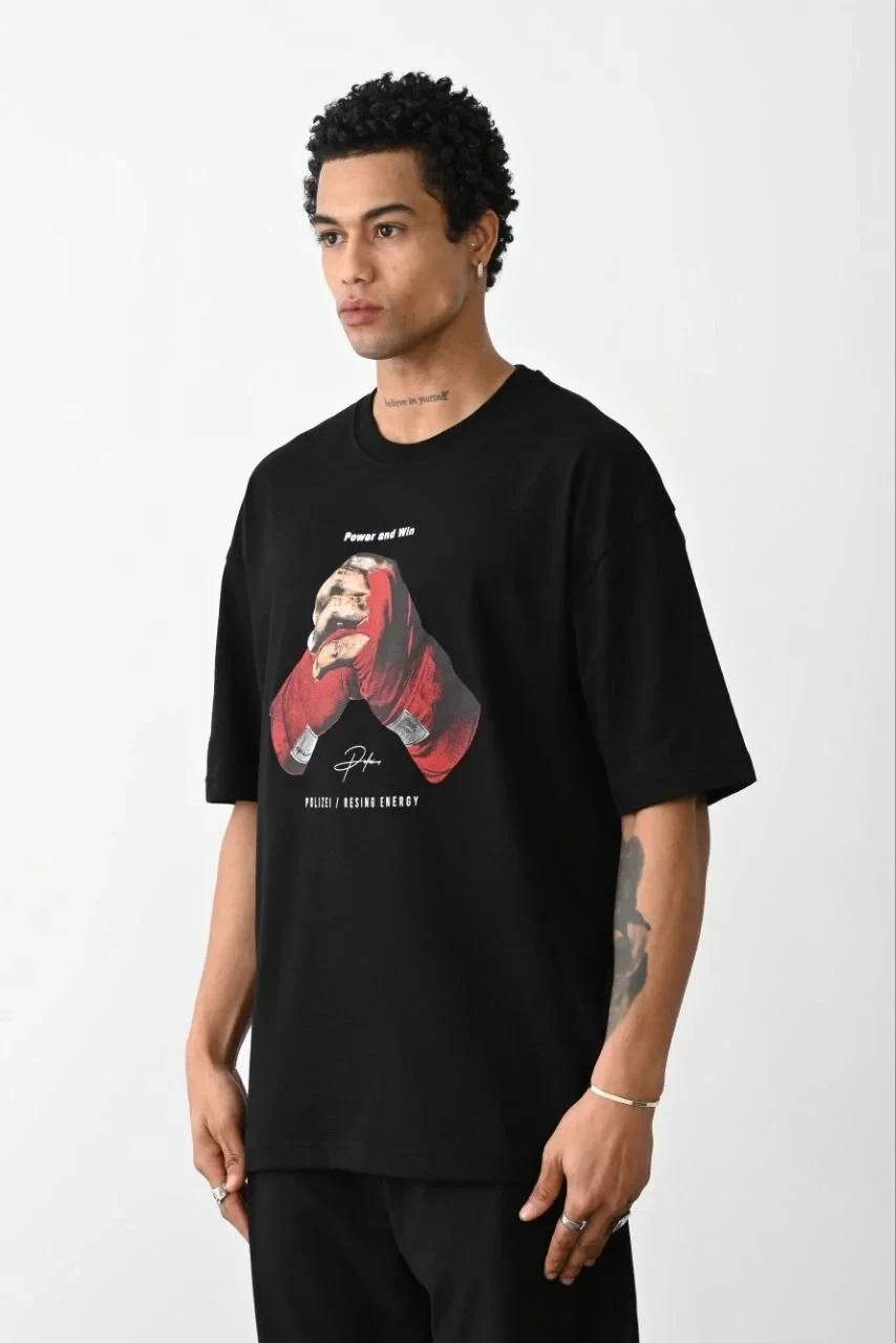Ανδρικό Μαύρο Boxy Eldiven Τυπωμένο Ποδηλατόλαιμο T-shirt