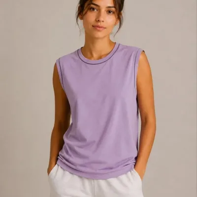Γυναικείο Μωβ Βασικό Αμάνικο Tank Top με Στρογγυλή Λαιμόκοψη και Αντίθετες Ραφές 1