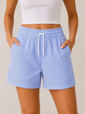 ქალის ლურჯი Regular Fit წყლის გზის ზოლიანი ჯიბიანი ელასტიური წელის საზაფხულო შორტი
