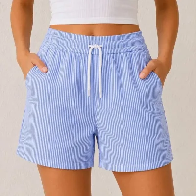 Femeia Șort de Vară Albastru, Regular Fit, Dungi, Cu Buzunare, Talie Elastică 1