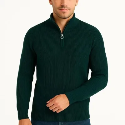 Męski Khaki Regular Fit Sweter z Półzamkiem, Stójka, Bawełniana Dzianina 2