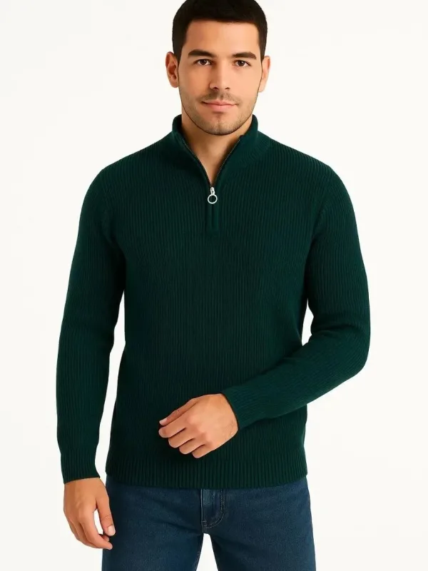 Męski Khaki Regular Fit Sweter z Półzamkiem, Stójka, Bawełniana Dzianina 2
