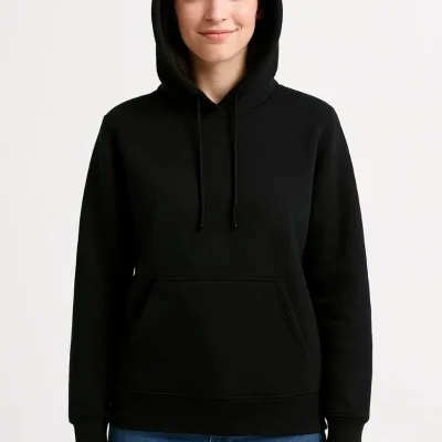 Women's Black 3-Thread Cotton Hooded Kangaroo Pocket Sweatshirt 3