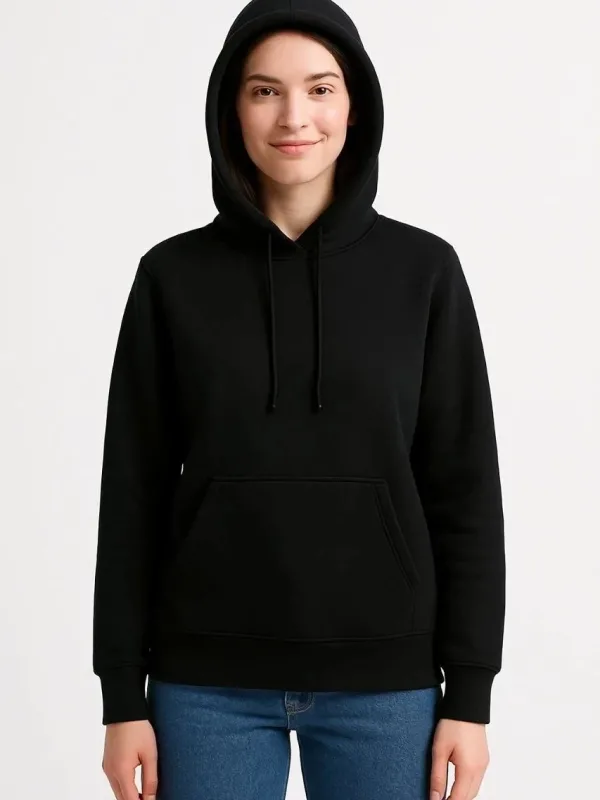 Women's Black 3-Thread Cotton Hooded Kangaroo Pocket Sweatshirt 3