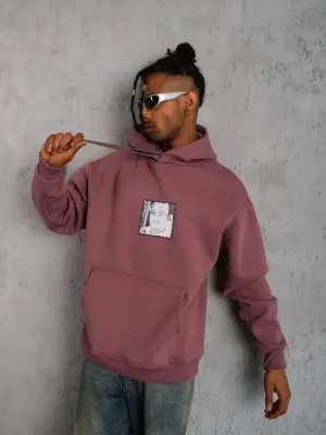 Erkek Gül Kurusu 3 İplik Pamuklu Kapüşonlu Baskılı Cepli Sweatshirt