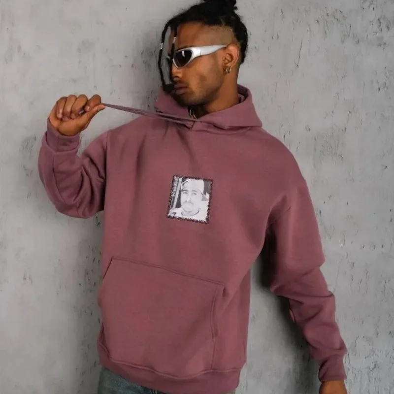 Erkek Gül Kurusu 3 İplik Pamuklu Kapüşonlu Baskılı Cepli Sweatshirt