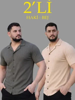 Ανδρικό Σετ 2 Τεμαχίων Πουκάμισα με Waffle Ύφασμα, Ανοιχτό Γιακά και Κουμπιά