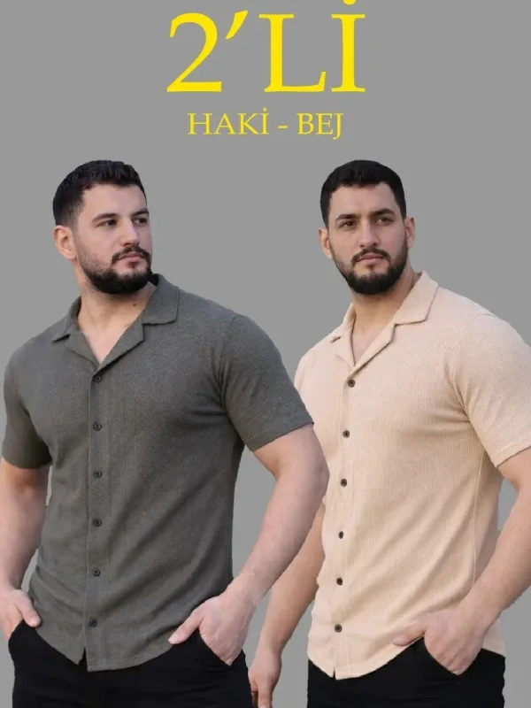 Чоловічий набір з 2 сорочок з вафельної тканини з відкритим коміром на ґудзиках 1