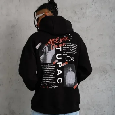 Muški crni oversize 3-niti pamučni s kapuljačom tiskani sweatshirt 4