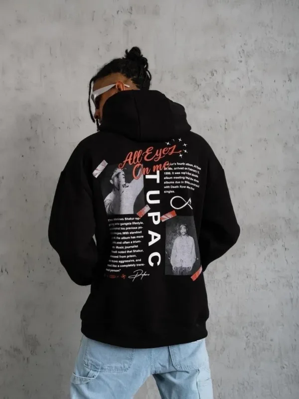 Muški crni oversize 3-niti pamučni s kapuljačom tiskani sweatshirt 4