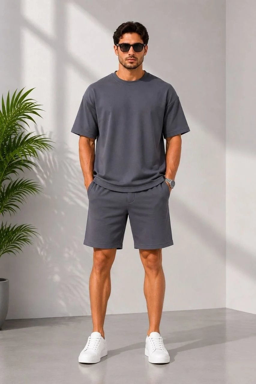 Męski dymiony oversize'owy zestaw z kieszeniami, miękki modalowy T-shirt i szorty 3