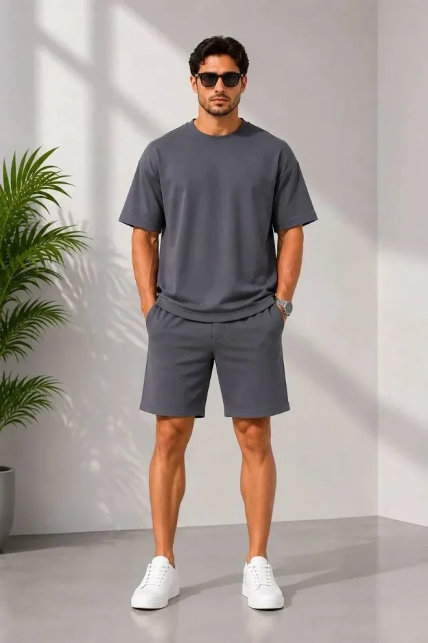 Ανδρικό Καπνιστό Oversize Σετ με Τσέπες Μαλακό Μοντάλ Μπλουζάκι και Σορτς 3