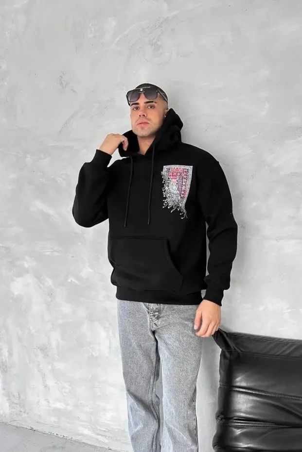 Mêr Reş 3 Têl Pembeyî Çapkirî Kapûşonî Kangurû Cêbî Sweatshirt 1