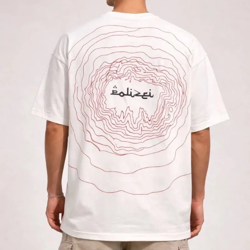 Bluzë verore për meshkuj e bardhë, oversize, me jakë biçiklete dhe print