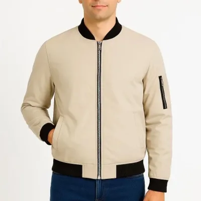 Men's Beige Quilted Lined Zippered Water-Repellent Bomber Jacket with Pockets 4