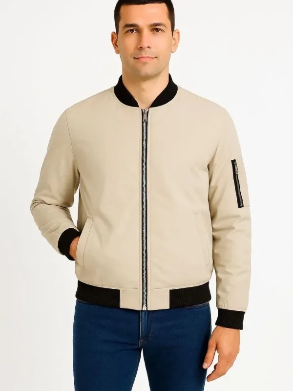 Men's Beige Quilted Lined Zippered Water-Repellent Bomber Jacket with Pockets 4