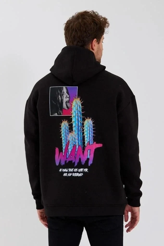 Pánské černé oversized tričko s potiskem, kapsy, kapuce, 3-nitná bavlna