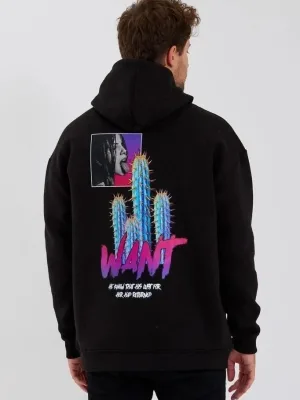 Pánské černé oversized tričko s potiskem, kapsy, kapuce, 3-nitná bavlna