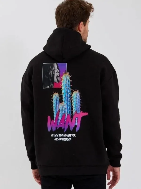 Pánské černé oversized tričko s potiskem, kapsy, kapuce, 3-nitná bavlna 1