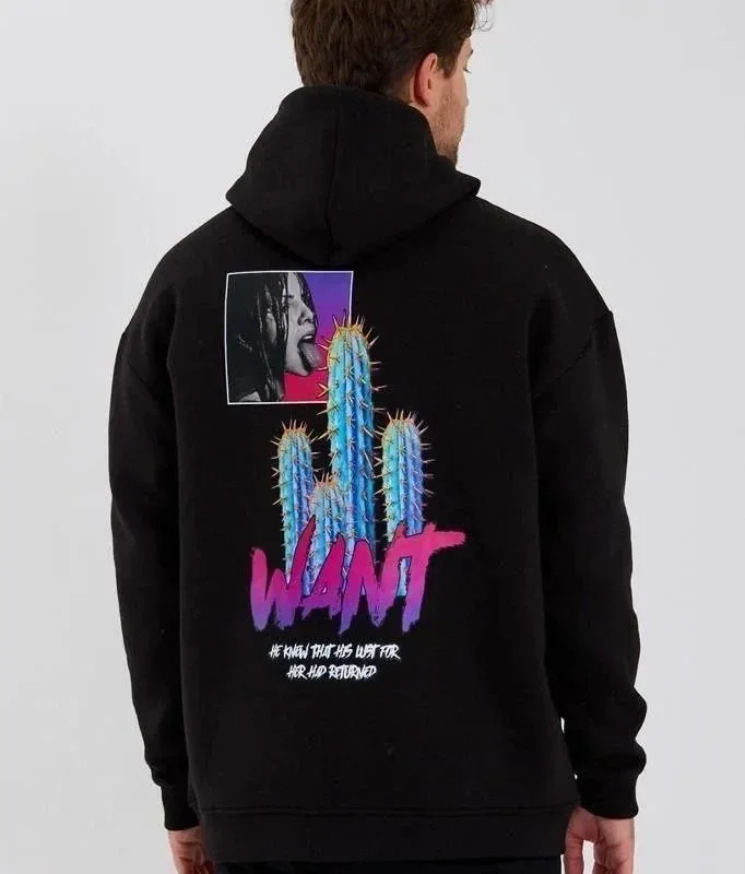 Машка црна oversize 3-нишки памучна качулка со џеб и принт