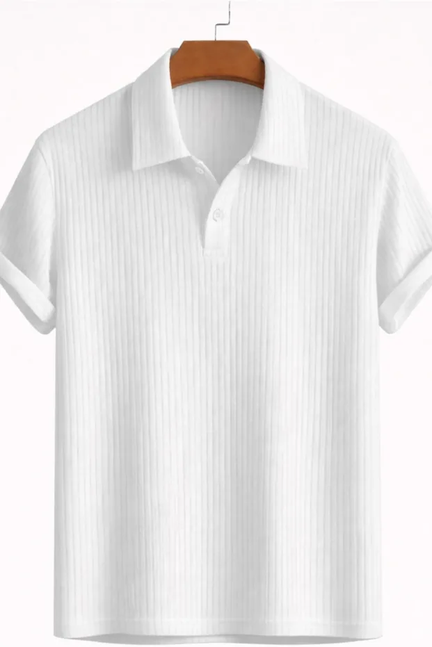 Erkek Beyaz Oversize Fitilli Pamuk Polo Yaka Tişört 2