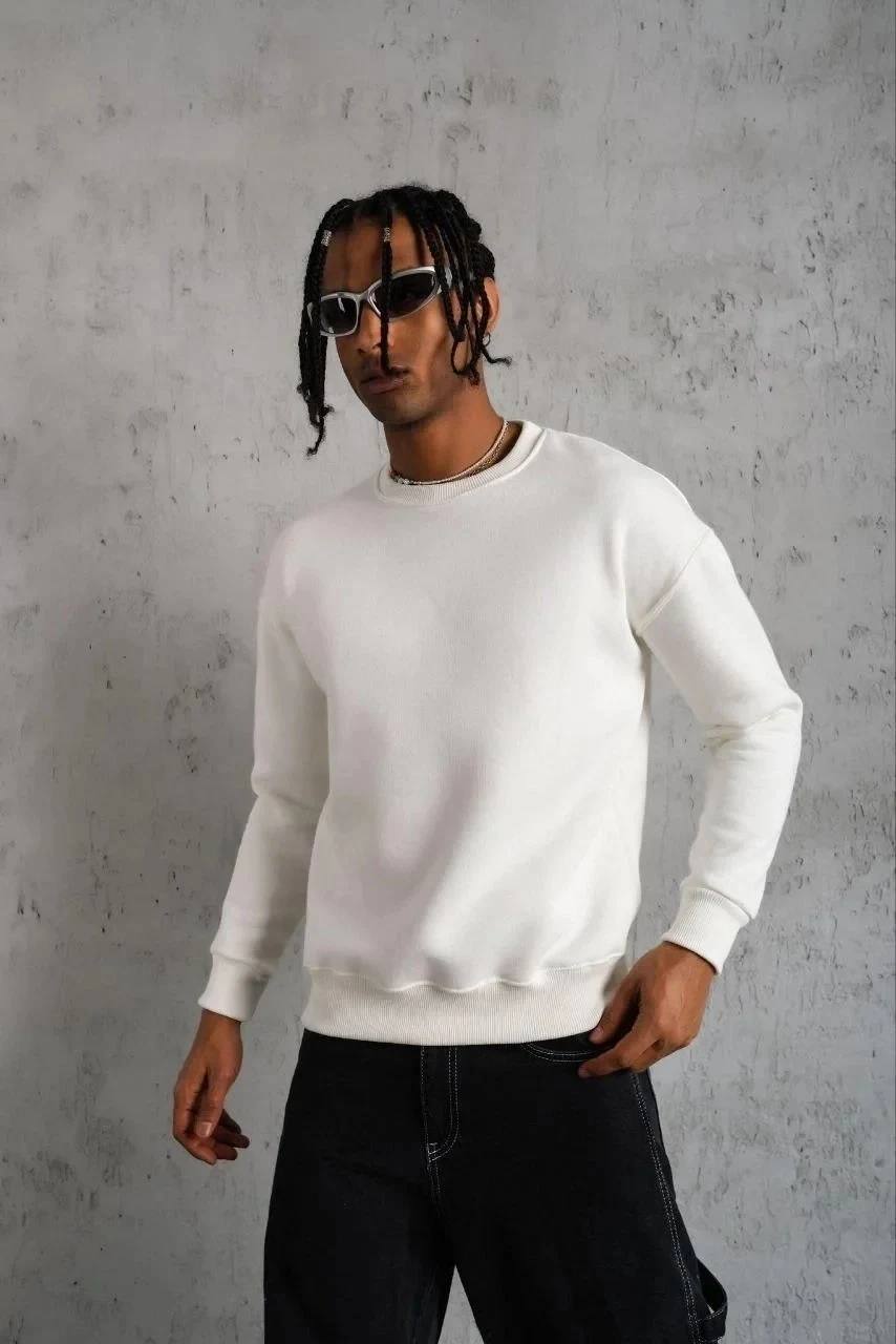 Men's White 3-Thread Cotton Crew Neck Sweatshirt