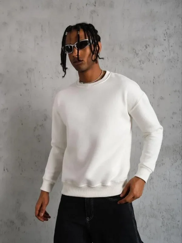 Men's White 3-Thread Cotton Crew Neck Sweatshirt 1