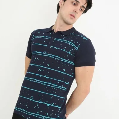 Férfi Sötétkék Slim Fit Pike Csíkos Rövid Ujjú Polo Póló 2