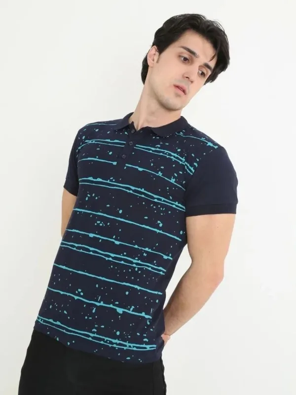 Férfi Sötétkék Slim Fit Pike Csíkos Rövid Ujjú Polo Póló 2