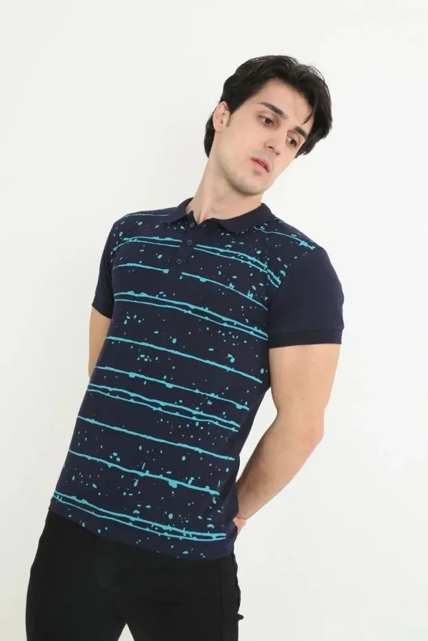 Muški Tamnoplavi Slim Fit Pike Prugasti Kratki Rukav Polo Majica 2