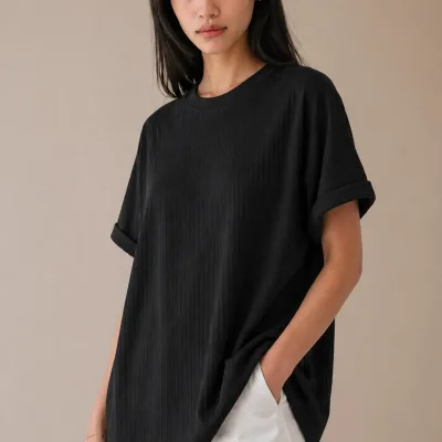 Black Ribbed Oversize Loose Fit Basic T-Shirt 3