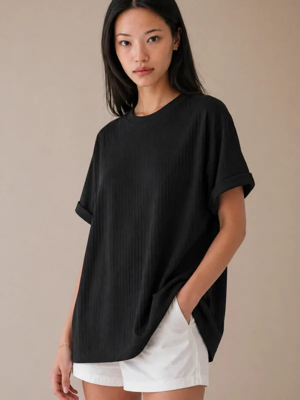 Black Ribbed Oversize Loose Fit Basic T-Shirt 3
