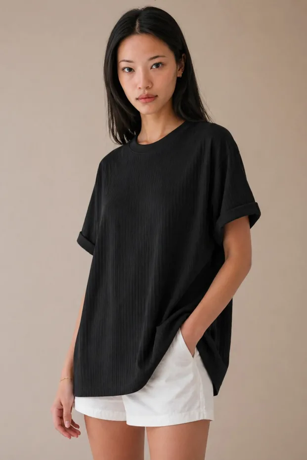 Fekete bordázott oversize bő szabású basic póló 3