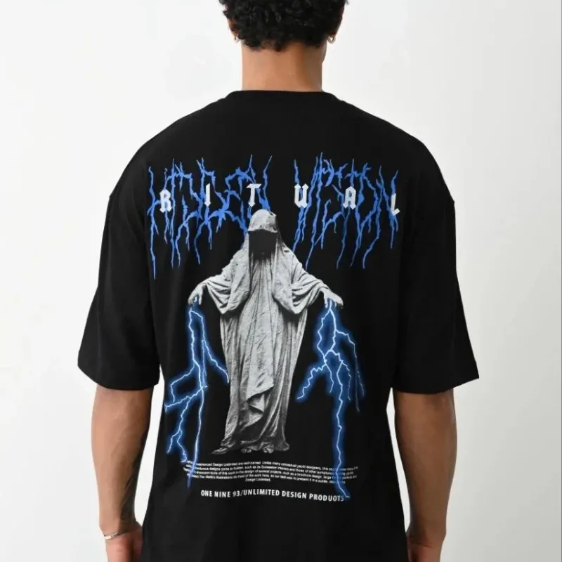 Ανδρικό Μαύρο Oversize Τυπωμένο Κοντό Μανίκι T-shirt