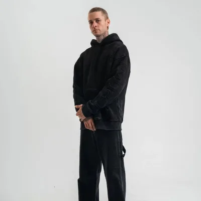 Men's Black 3-Thread Cotton Washed Embroidered Hooded Sweatshirt 4