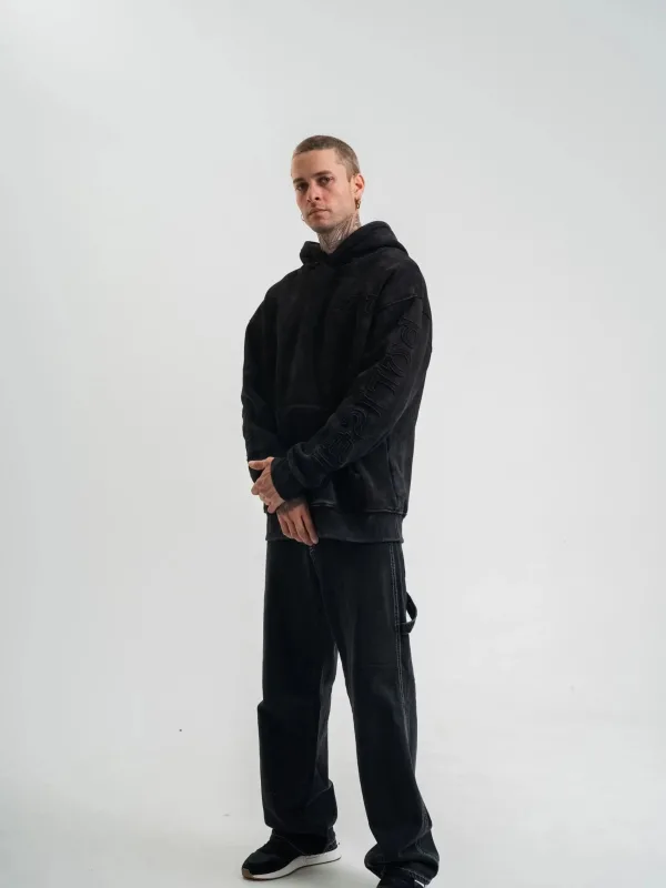 Men's Black 3-Thread Cotton Washed Embroidered Hooded Sweatshirt 4